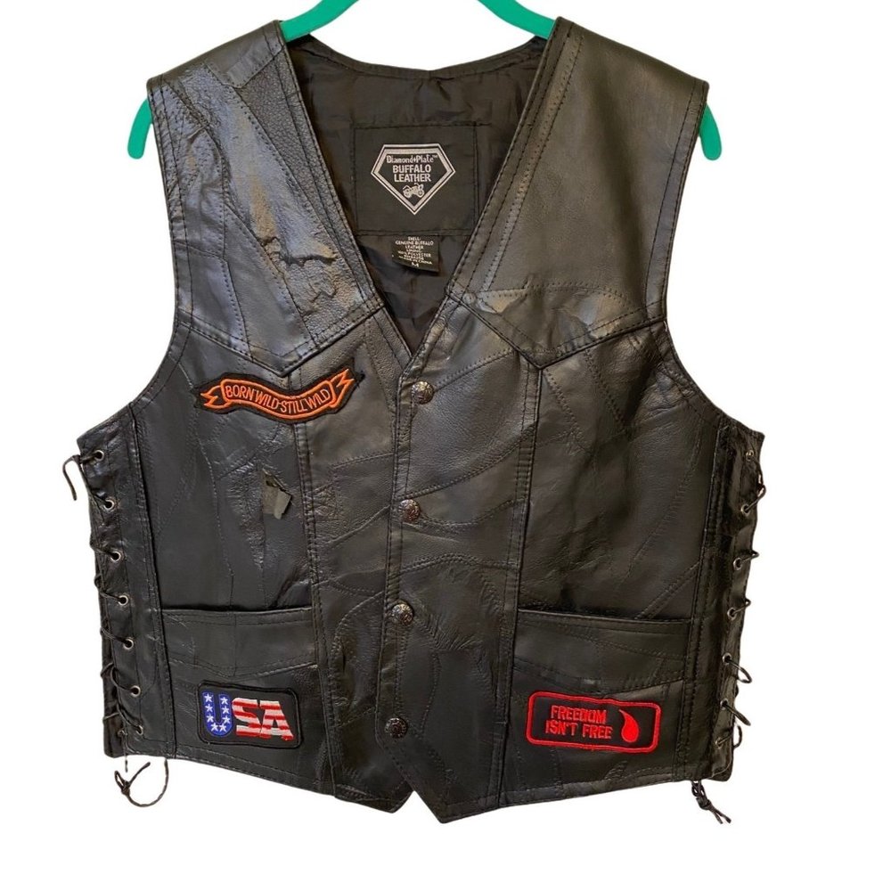 Buffalo Leather Vest Patches Diamond Plate Damage READ